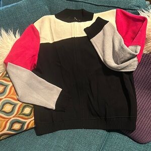 ST. JOHN SPORT XL Women's Santana Knit Cardigan Sweater Pink Black colorblock
